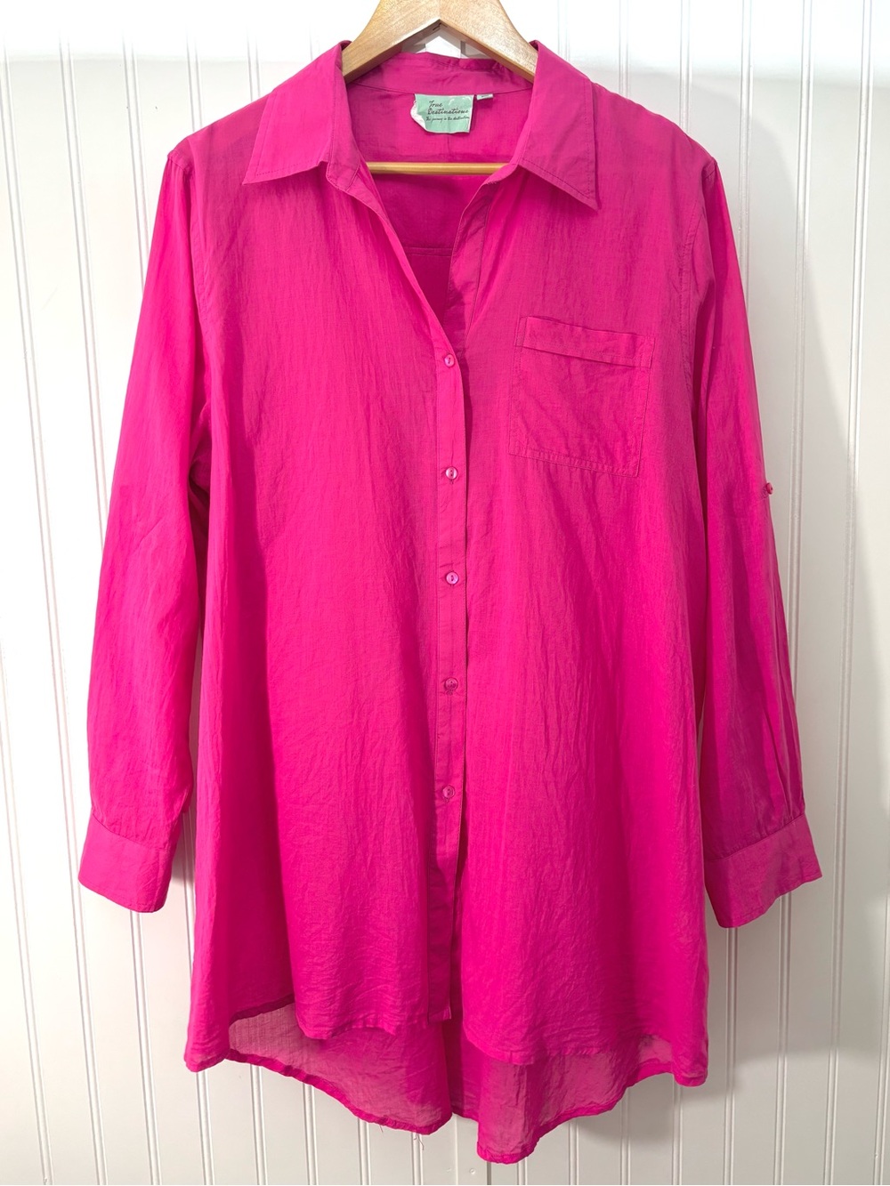 True Destinations Pink Cotton Coastal Tunic Button Down Shirt Coverup L
